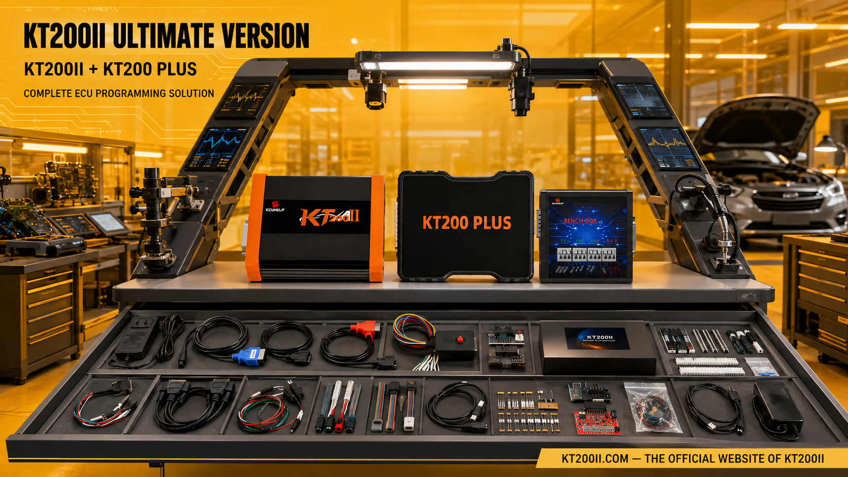 KT200 Plus connected to a Bosch EDC17CP57 TC1793 diesel ECU for identification, original backup and safe programming