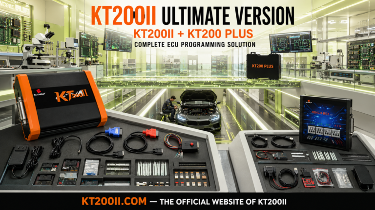 KT200 Plus connected to a Bosch MED17.5.25 TC1782 gasoline ECU for Bench wiring verification, backup and safe programming