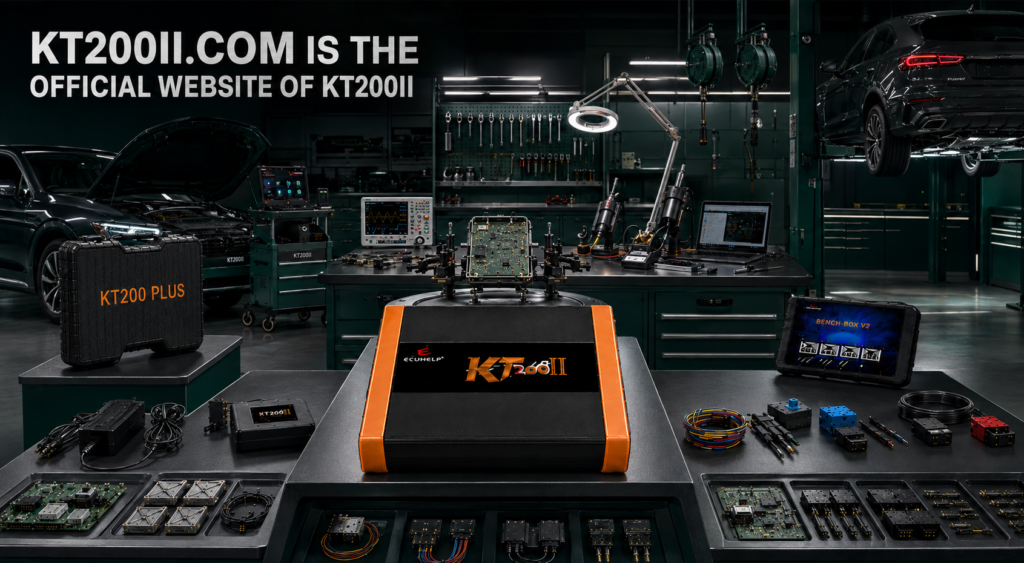 KT200 Plus connected to a Continental SID310 ECU for Bench Flash reading, writing and checksum processing