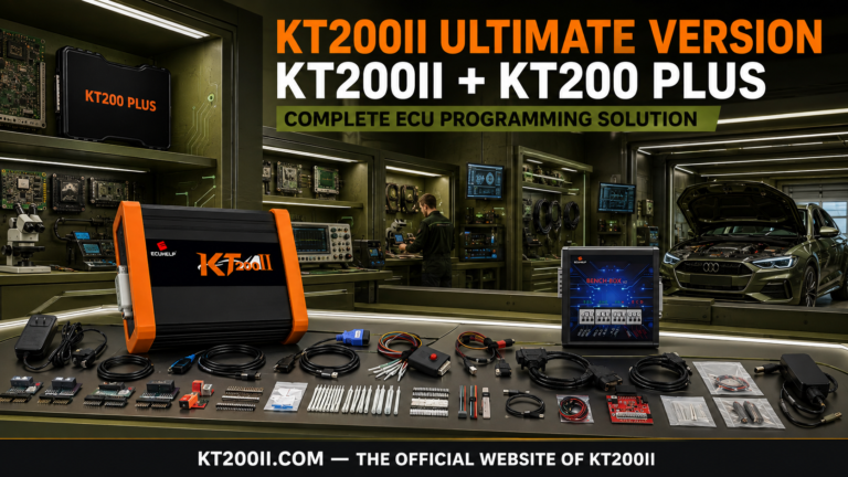 KT200 Plus connected to a Delphi DCM7.1AP TC2xx ECU for protocol identification, original backup and safe programming