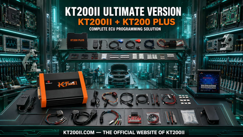 KT200 Plus connected to a Siemens Continental SID208 TC1797 ECU for identification and safe programming