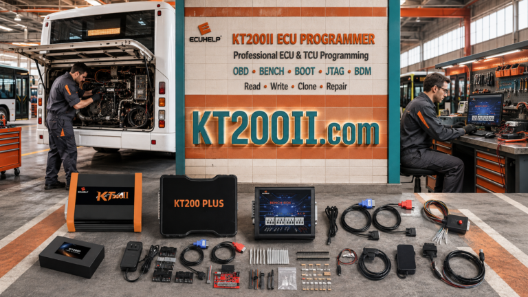 KT200 Plus connected to a Bosch EDC17C64 TC1797 VAG ECU for Bench identification, original backup and safe programming