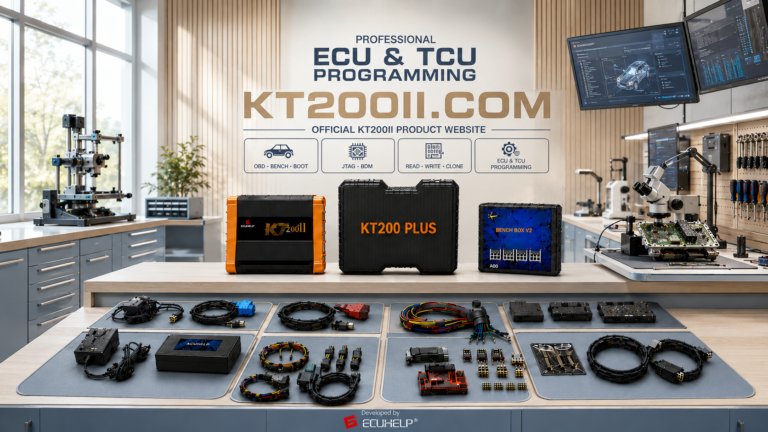 KT200 Plus connected to a Mercedes-Benz Delphi CRD3PLUS.A0 TC1797 ECU for Bench identification, original backup, reading and writing