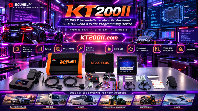KT200 Plus technician checking ECU bench wiring and regulated power supply