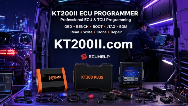 KT200 Plus connected to a Fiat Jeep Bosch EDC17C69 TC1793 ECU for Bench wiring, identification, original backup, reading and writing
