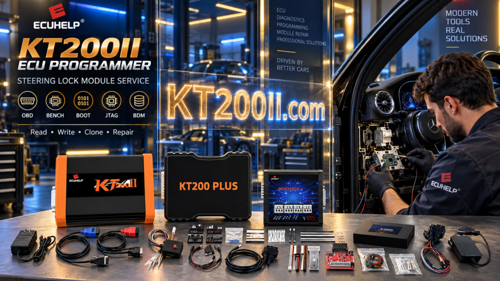 KT200 Plus connected to a Bosch EDC17CP20 TC1796 Volkswagen Audi diesel ECU for Bench wiring, original backup and Boot programming