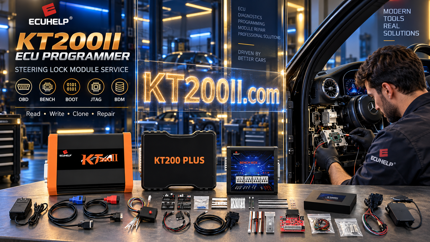 KT200 Plus connected to a Bosch EDC17CP20 TC1796 Volkswagen Audi diesel ECU for Bench wiring, original backup and Boot programming