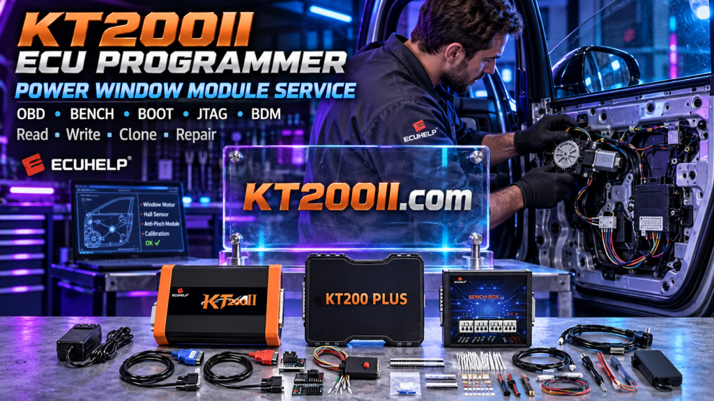 KT200 Plus connected to a Bosch EDC17CP44 TC1797 ECU for Bench reading, backup and programming