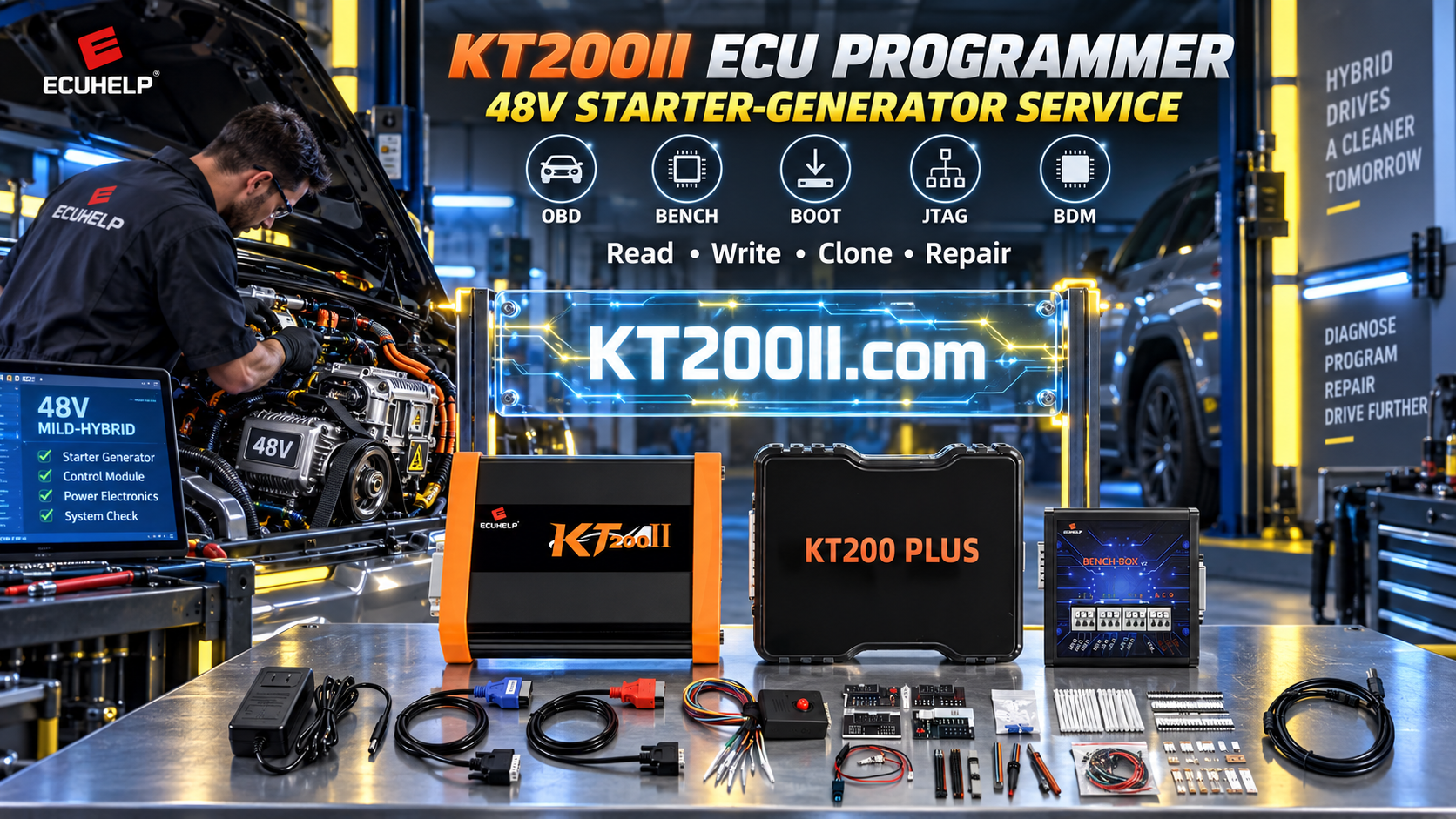 KT200 Plus connected to a Bosch MD1CS004 VAG 2.0 TDI ECU for identification, Bench lock checking, virtual read and safe programming