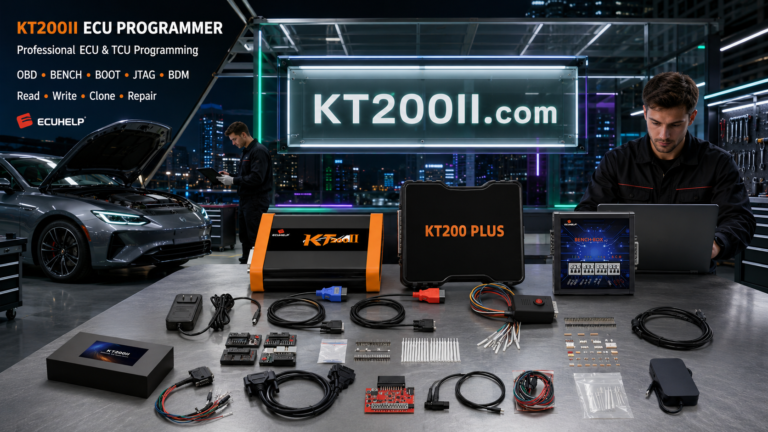 KT200 Plus connected to a Bosch MED17.5.5 TC1766 VAG ECU for Bench wiring verification, original backup and safe programming