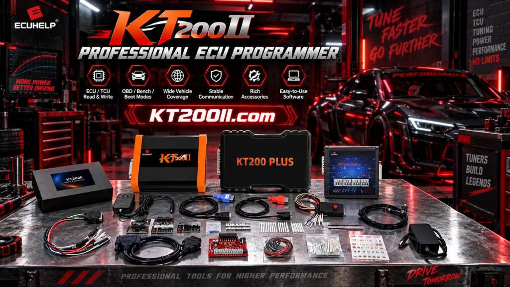 KT200 Plus MG1CS111 ECU programming preparation on a professional bench setup