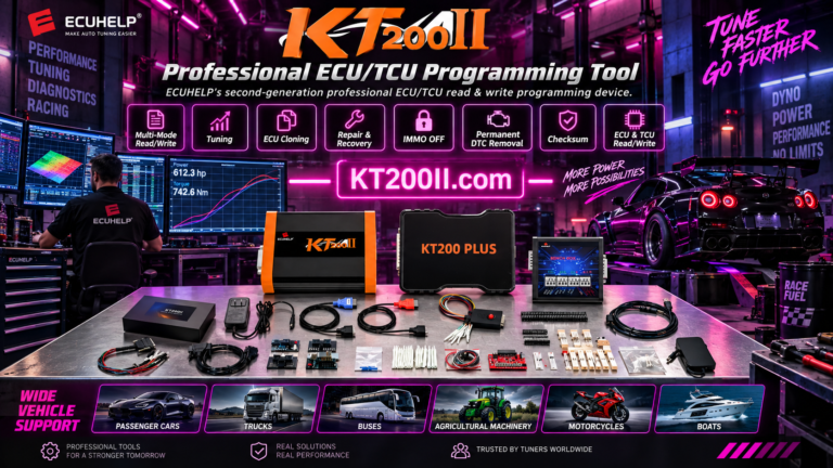 KT200 Plus ECU programmer connected to a compatible bus ECU during a professional commercial vehicle repair procedure