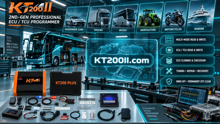 KT200 Plus DQ250 TCU programming setup with transmission control unit and professional bench harness