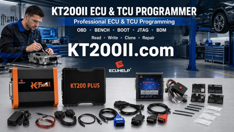 KT200 Plus connected to a Delphi DCM3.5 diesel ECU for Bench identification, original backup and safe programming