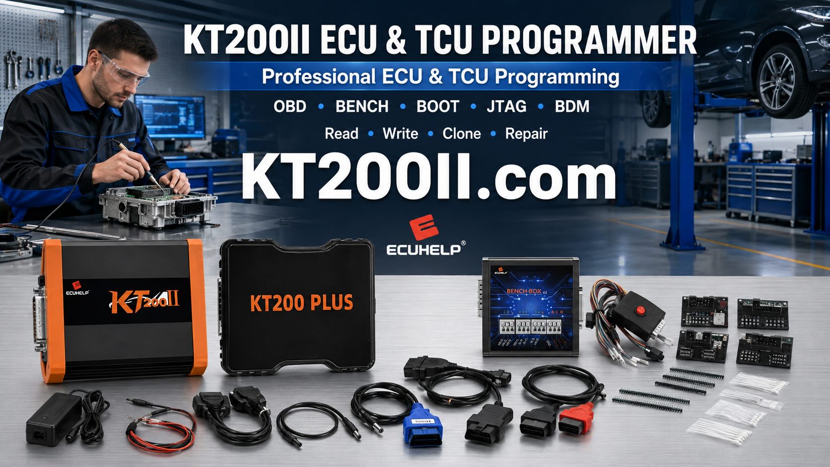 KT200 Plus connected to a Delphi DCM3.5 diesel ECU for Bench identification, original backup and safe programming
