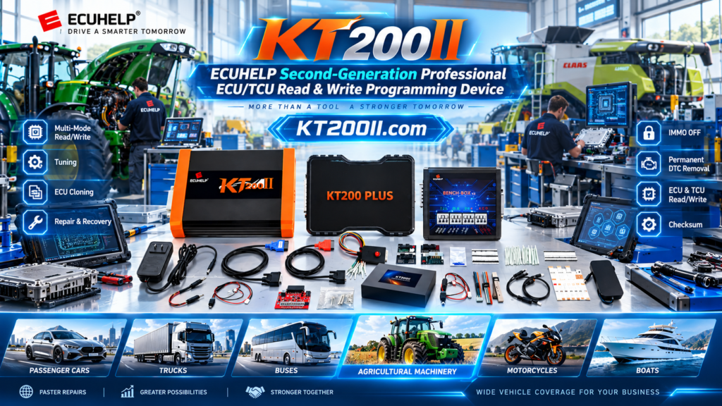 KT200 Plus technician checking ECU bench wiring and communication signals