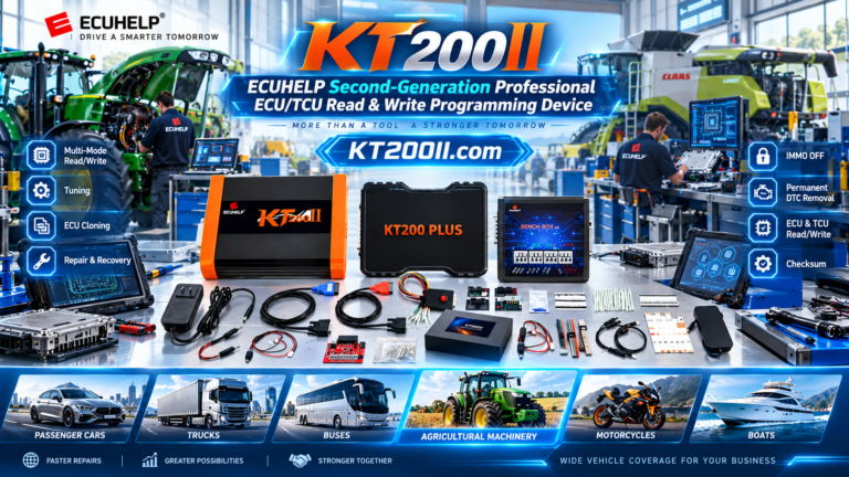 KT200 Plus technician checking ECU bench wiring and communication signals