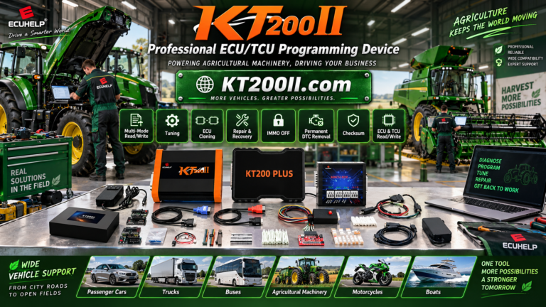 KT200 Plus ECU cloning workflow with original and replacement ECU units