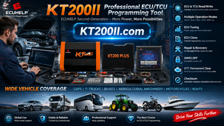 KT200 Plus technician checking ECU label, hardware number, software number, and protocol before programming