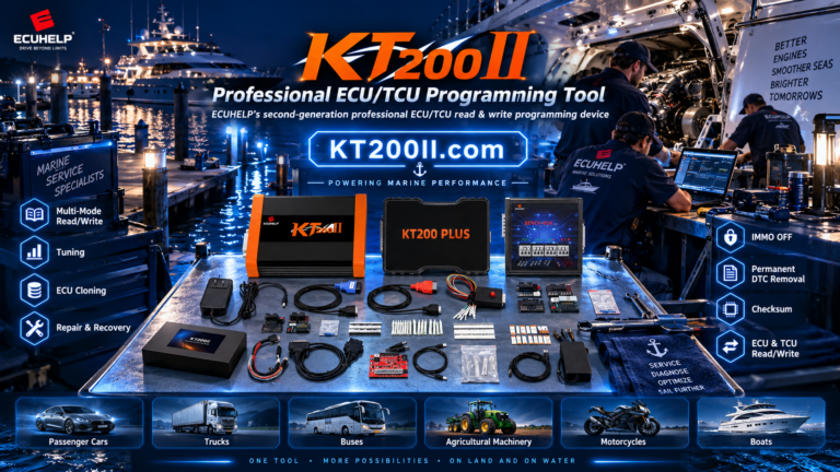 KT200 Plus ECU programmer connected to a regulated power supply during a professional ECU programming session