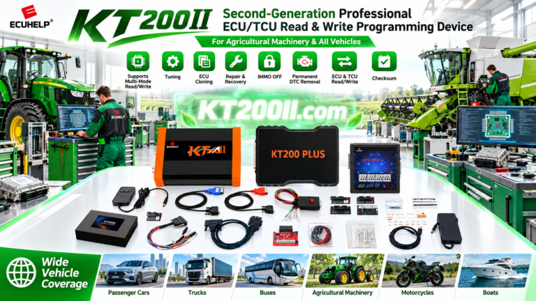 KT200 Plus technician programming a supported truck ECU in a heavy-duty workshop