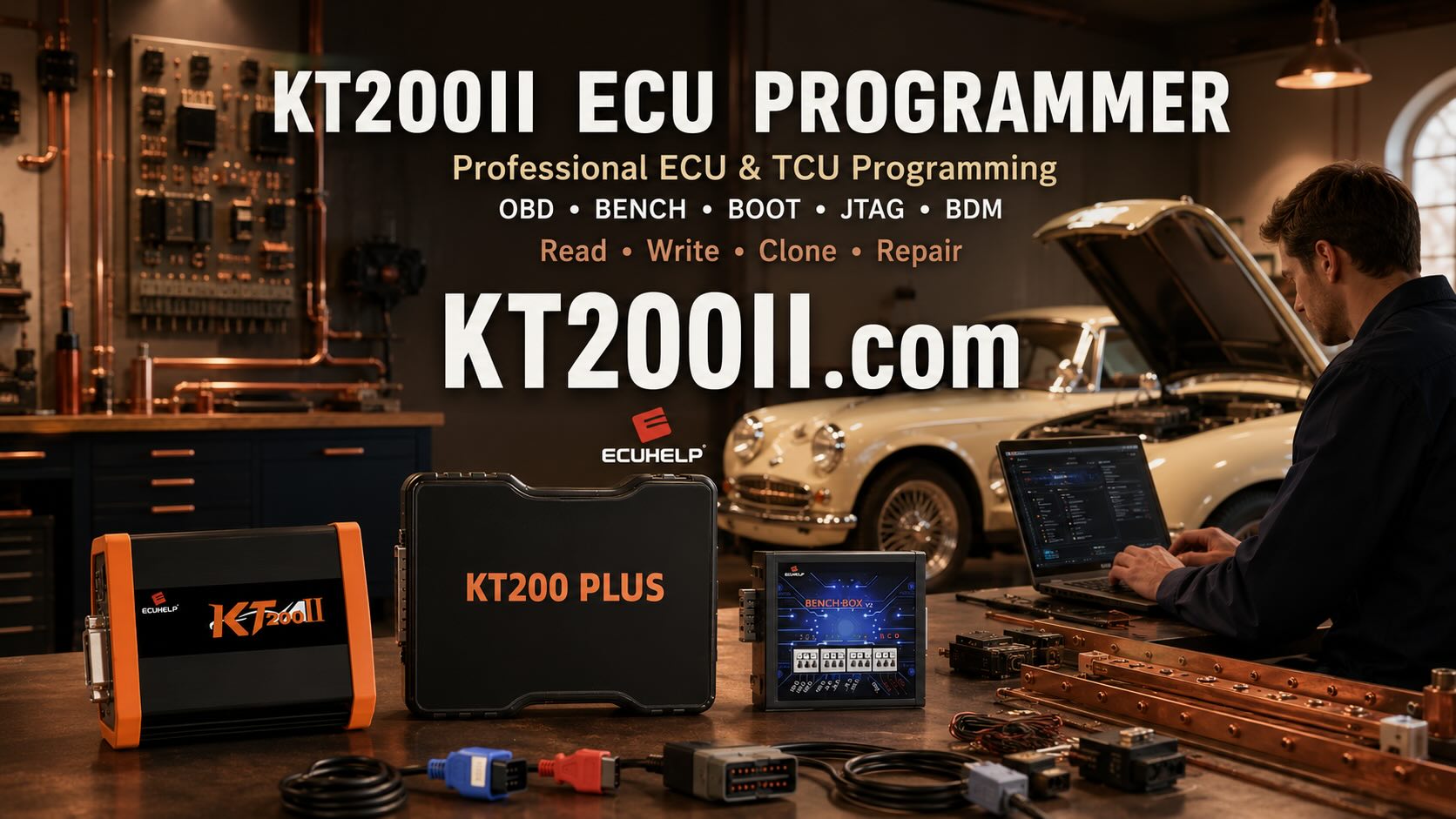 KT200 Plus connected to a VAG DSG DQ500 0BH or 0BT TCU for Bench wiring, Micro and EEPROM backup, cloning and safe writing