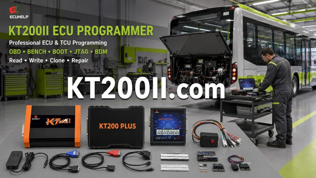 KT200 Plus connected to a VAG Continental SIMOS PCR2.1 ECU for OBD unlock, Bench wiring, EEPROM backup and safe programming