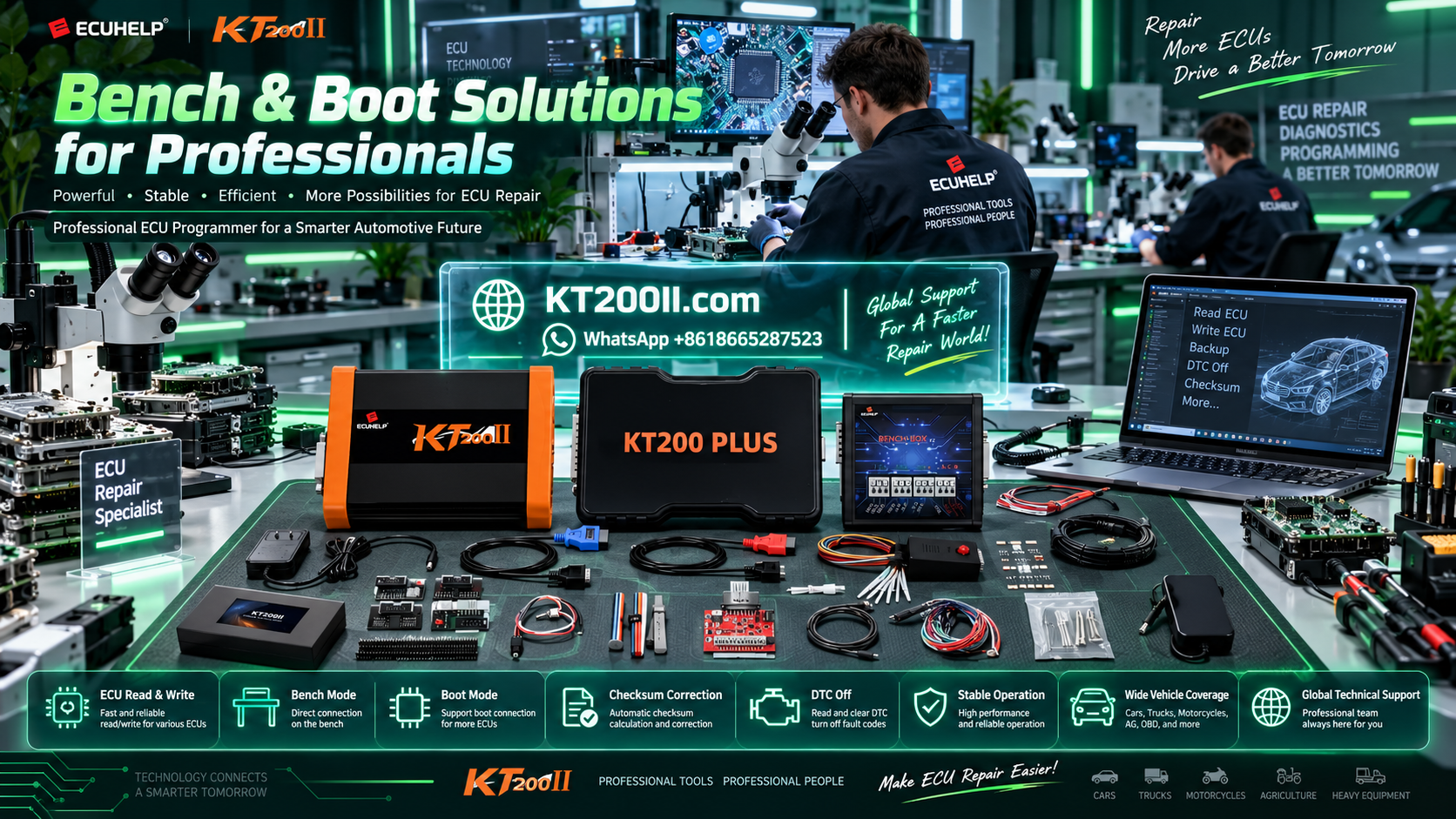 KT200PLUS ECU Programmer performing ECU cloning backup and replacement workflow in professional automotive workshop