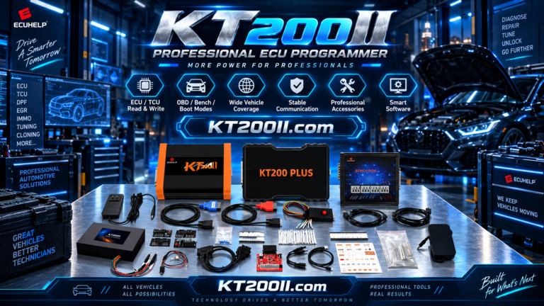 KT200PLUS ECU Programmer used in professional tuning workshop for ECU programming and vehicle electronics service