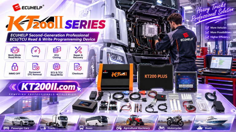 Technician checking computer and USB connections before KT200Plus ECU programming
