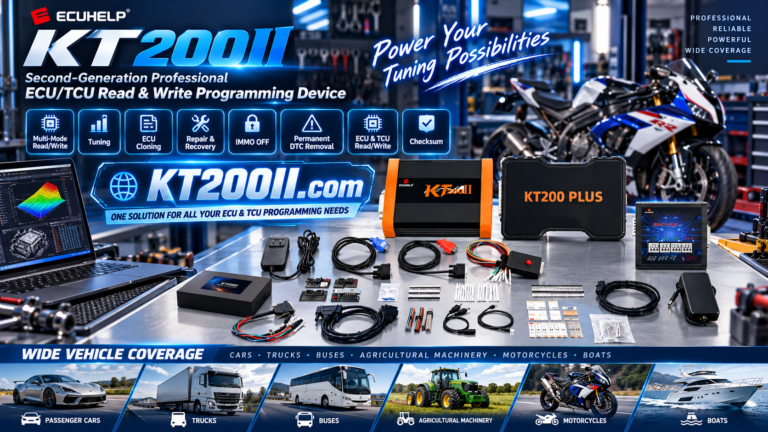 Technician troubleshooting a KT200Plus ECU communication timeout during bench programming