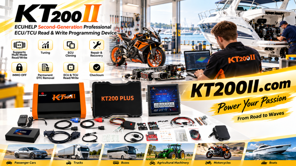 Technician inspecting and cleaning an ECU connector before KT200Plus programming