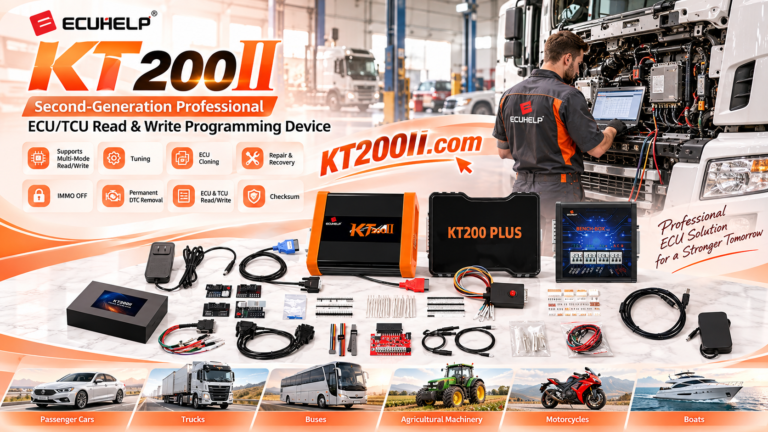 Technician completing a KT200Plus ECU programming job report after a workshop operation