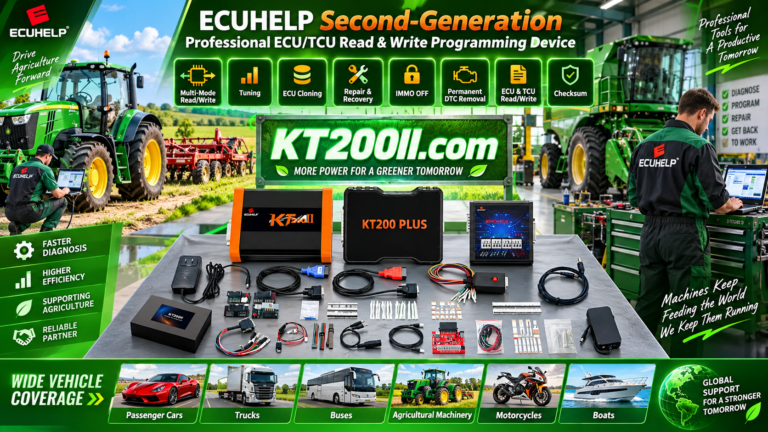 KT200Plus ECU programmer with a regulated power supply and multimeter testing ECU voltage and ground