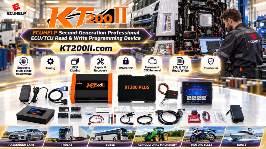 Technician selecting OBD Bench Boot or JTAG mode for KT200Plus ECU programming