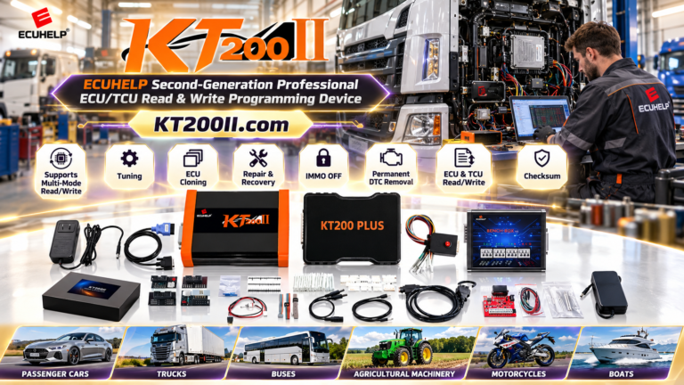 Technician selecting OBD Bench Boot or JTAG mode for KT200Plus ECU programming