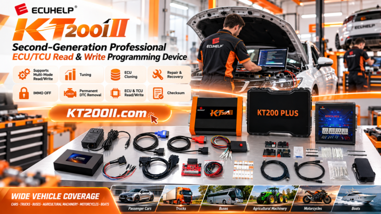 Professional ECU technician organizing a KT200Plus programming workstation