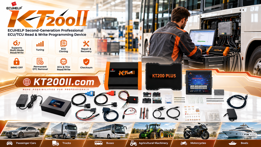 Technician preparing original and replacement ECUs for KT200Plus cloning