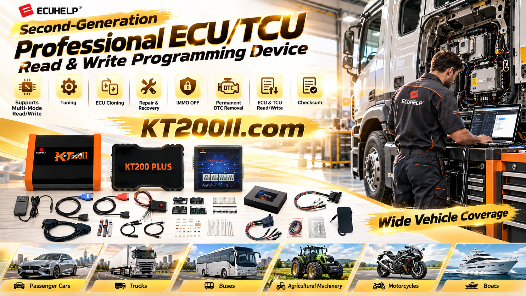 Technician preparing original and replacement ECUs for KT200Plus cloning