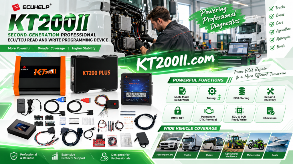 Technician selecting a KT200Plus ECU programming workflow for bench and boot operations