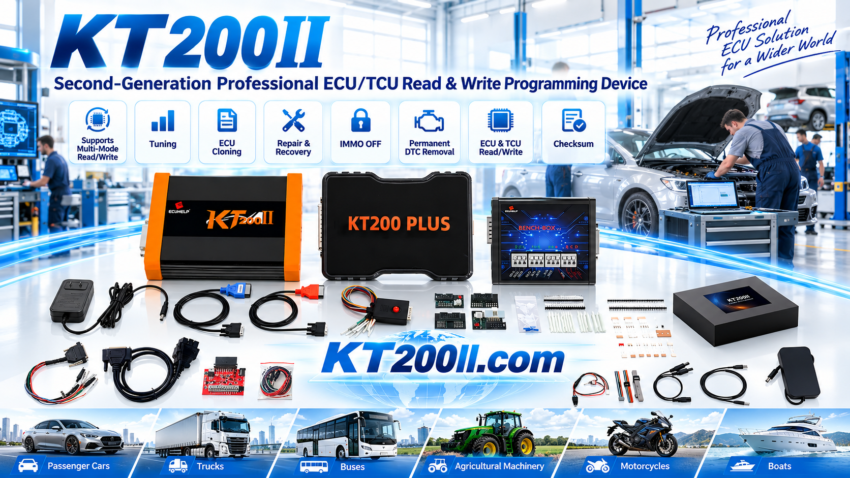 Technician performing pre-scan and post-scan checks before and after KT200Plus ECU programming