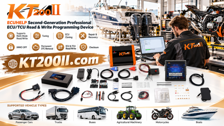 Technician checking KT200Plus software version and ECU protocol database before programming