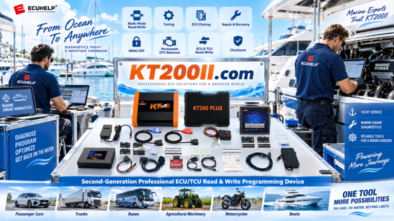 KT200Plus ECU programmer connected to a commercial truck ECU in a professional repair workshop