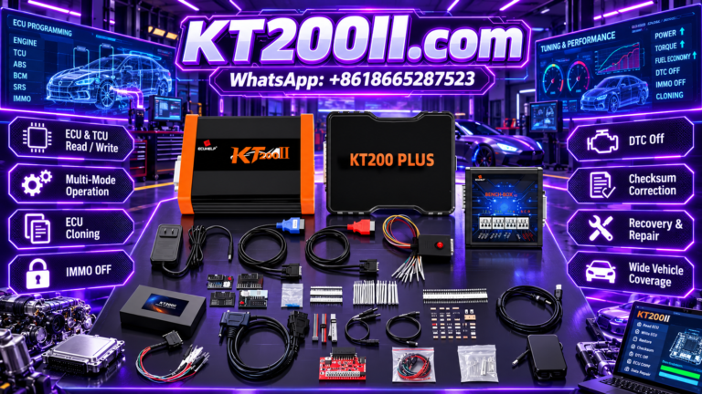 KT200 Plus ECU programmer beside an agricultural diesel engine control unit and tractor electronics on a professional repair workbench