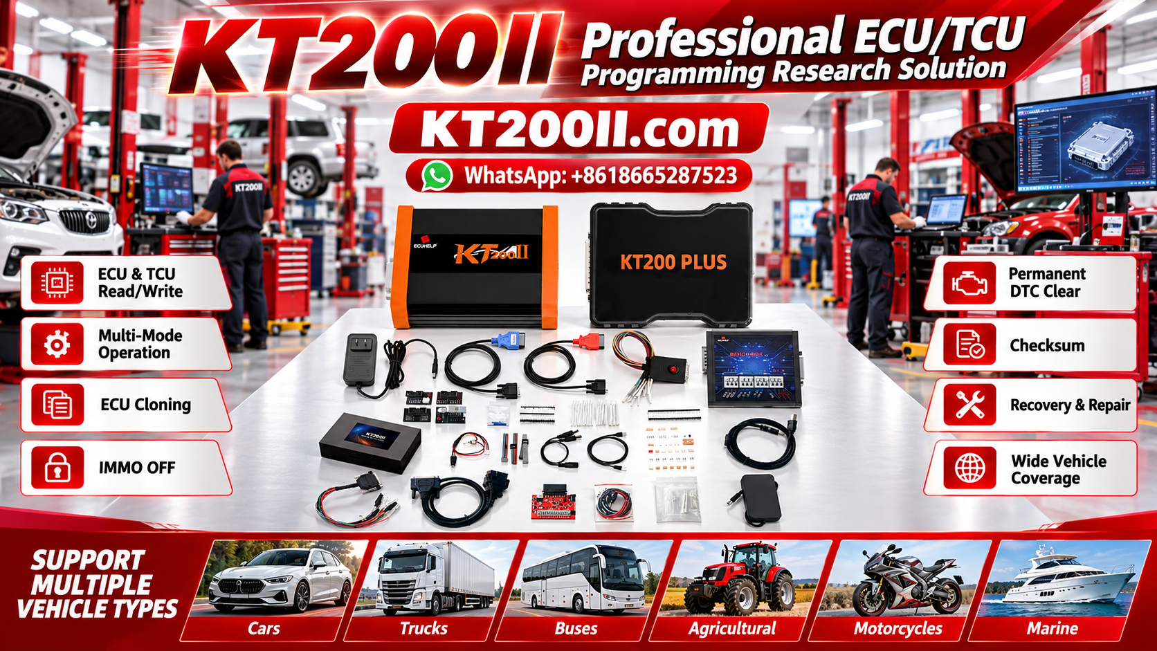 KT200 Plus ECU programmer connected to an automotive control unit with CAN-H and CAN-L communication wiring on a professional ECU programming workbench