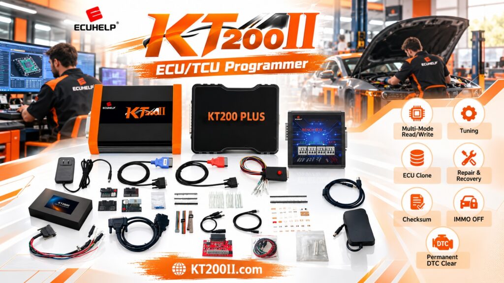 KT200 Plus ECU programmer beside an automotive engine control unit illustrating the differences between ECU firmware and calibration data