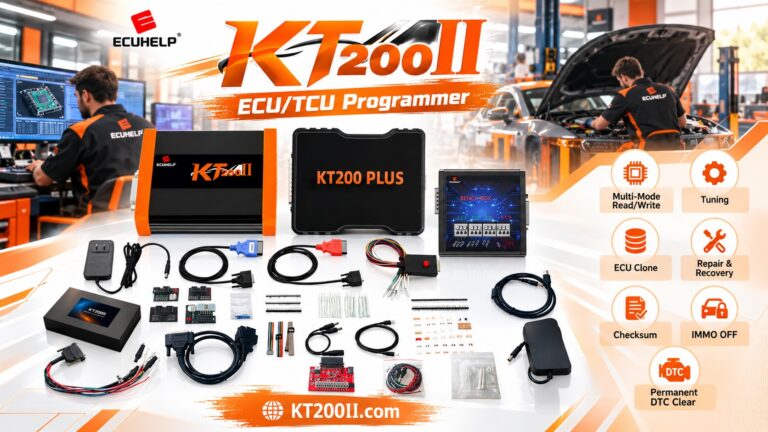 KT200 Plus ECU programmer beside an automotive engine control unit illustrating the differences between ECU firmware and calibration data