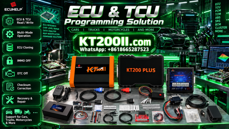 KT200 Plus ECU programming comparison for diesel and gasoline engine control units in a professional automotive workshop