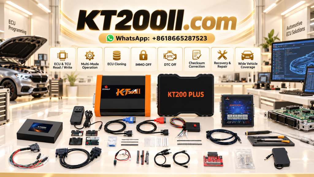 KT200 Plus ECU programmer prepared for Bench programming with an automotive engine control unit on a professional electronics workbench
