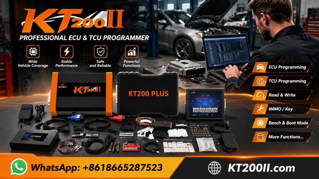 KT200 Plus ECU programmer connected to an automotive engine control unit beside a laptop displaying ECU binary data and checksum verification results